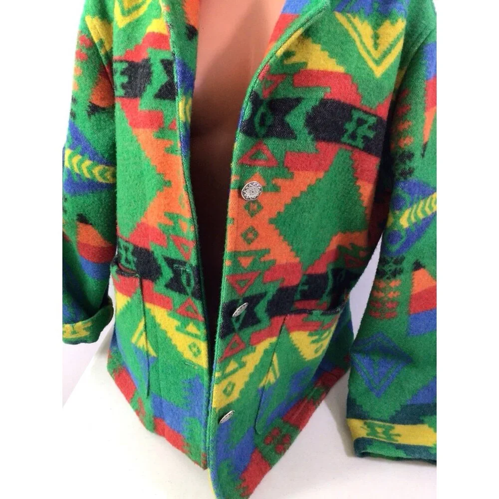 Chico's Multicolor Geometric Wool-Blend Pea Coat in Green - Picture 7 of 7